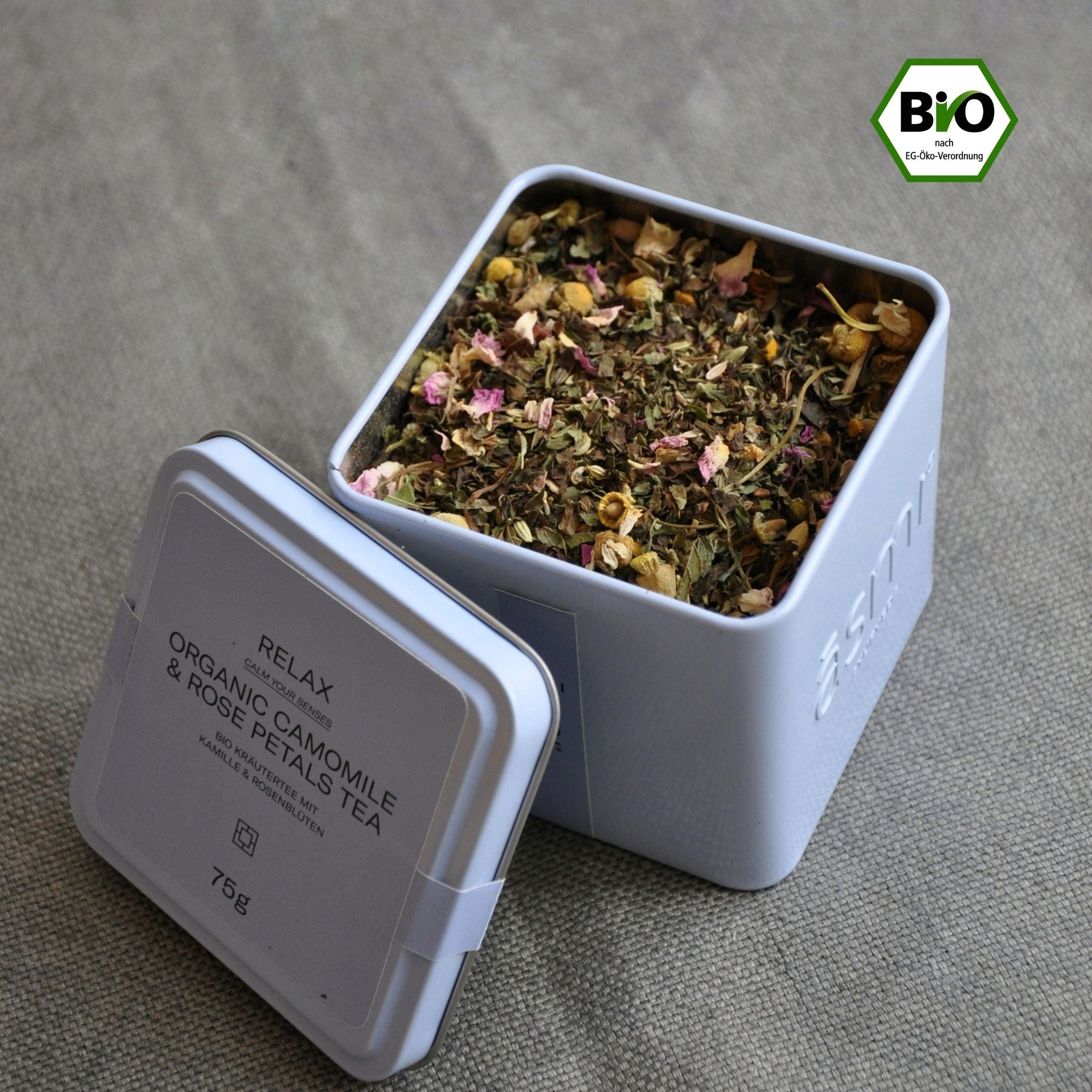 Relaxing tea with chamomile and rose petals